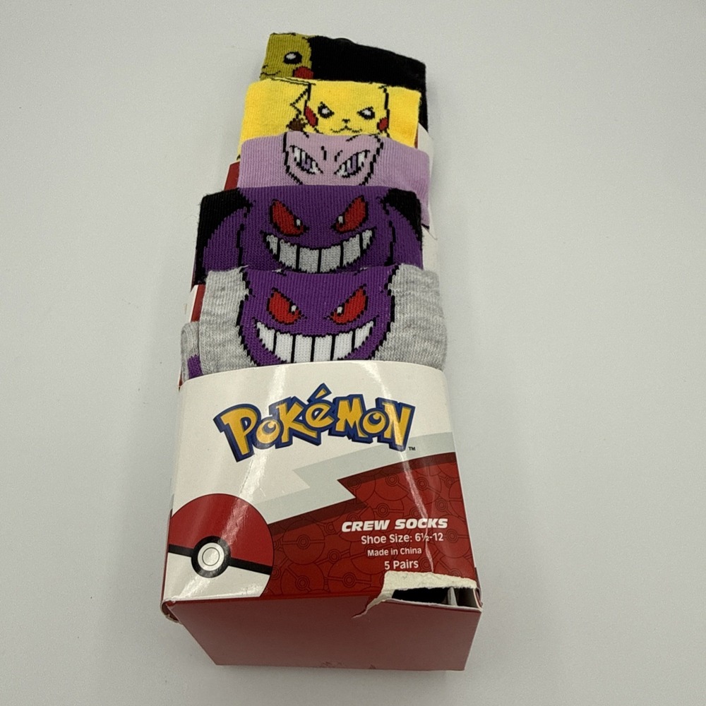 Brand New Pokémon Striped Crew Socks 5 Pack Sz 6.5-12 Pikachu Mewtwo Gengar